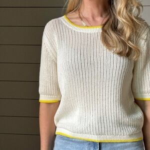 🤍💛 By Together 100% Cotton Open Knit Sweater w/ Contrast Trim, L, NWT